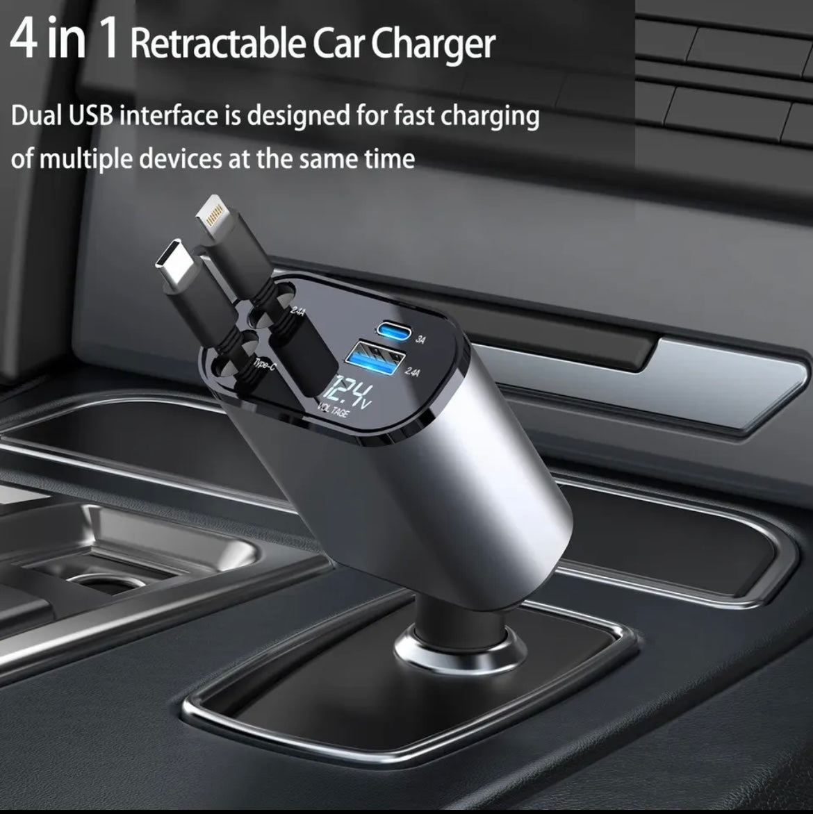 Integrated Car Charger with Retractable Cables 66W - Gray