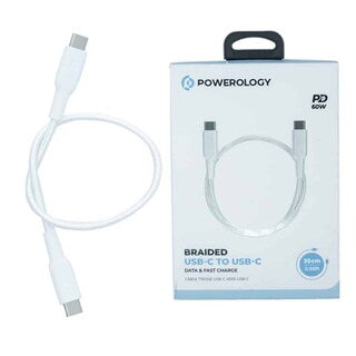 Powerology PCAB008-WH Braided Cable with USB-C To USB-C Data Transfer and Fast Charging 30cm