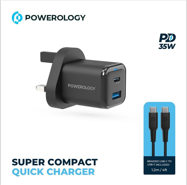 Powerology Dual Port Super Compact 35W Quick Charger With USB-C To USB-C Cable Included